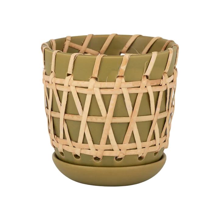 Ceramic & Rattan Pot with Saucer - Olive Pot Coast to Coast