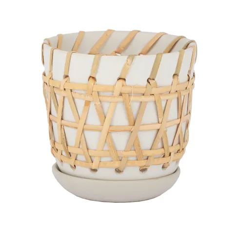 Ceramic & Rattan Pot with Saucer - White Pot Coast to Coast