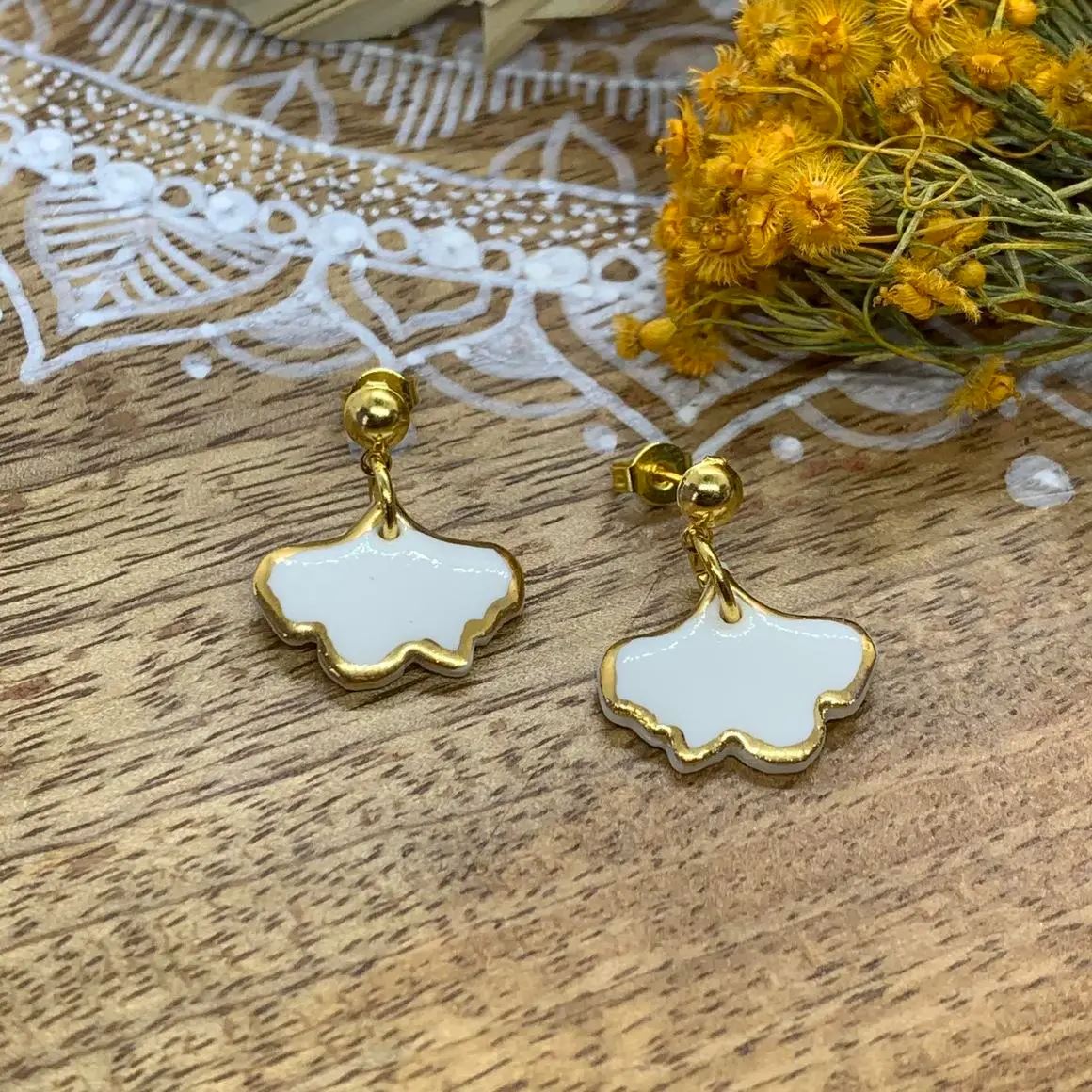 Gingko Leaf Earrings - White Earrings Wolf & Clay