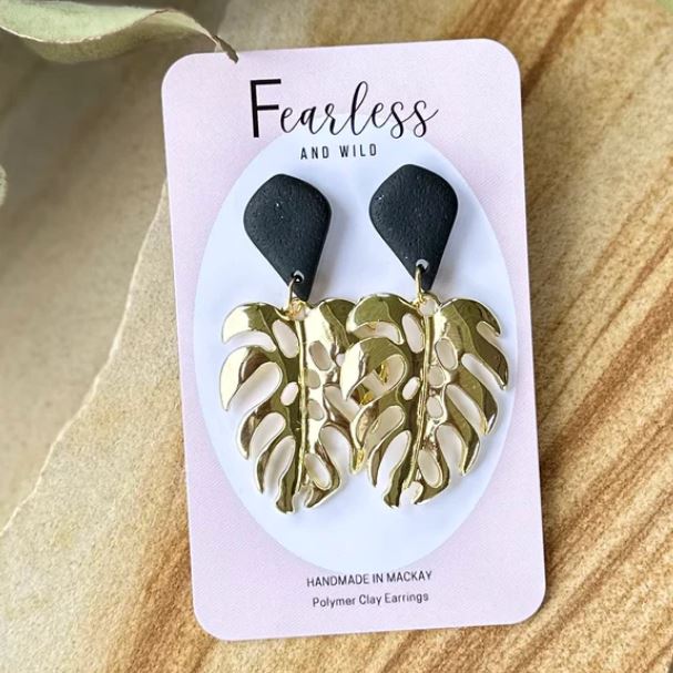 Monstera Gold Leaf Polymer Clay Earrings - Navy Blue Earrings Fearless & Wild