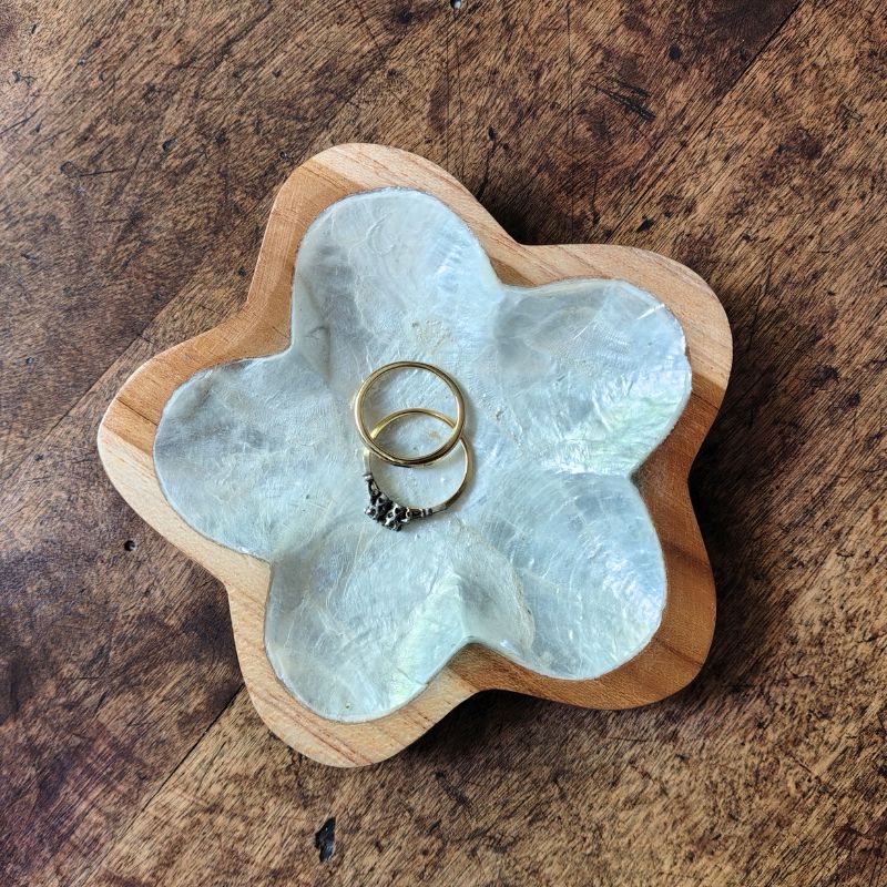 Teak Flower Dish with Shell Inlay Trinket Dish Plant Folk Store