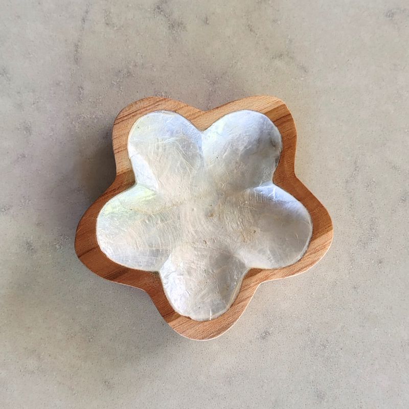Teak Flower Dish with Shell Inlay Trinket Dish Plant Folk Store