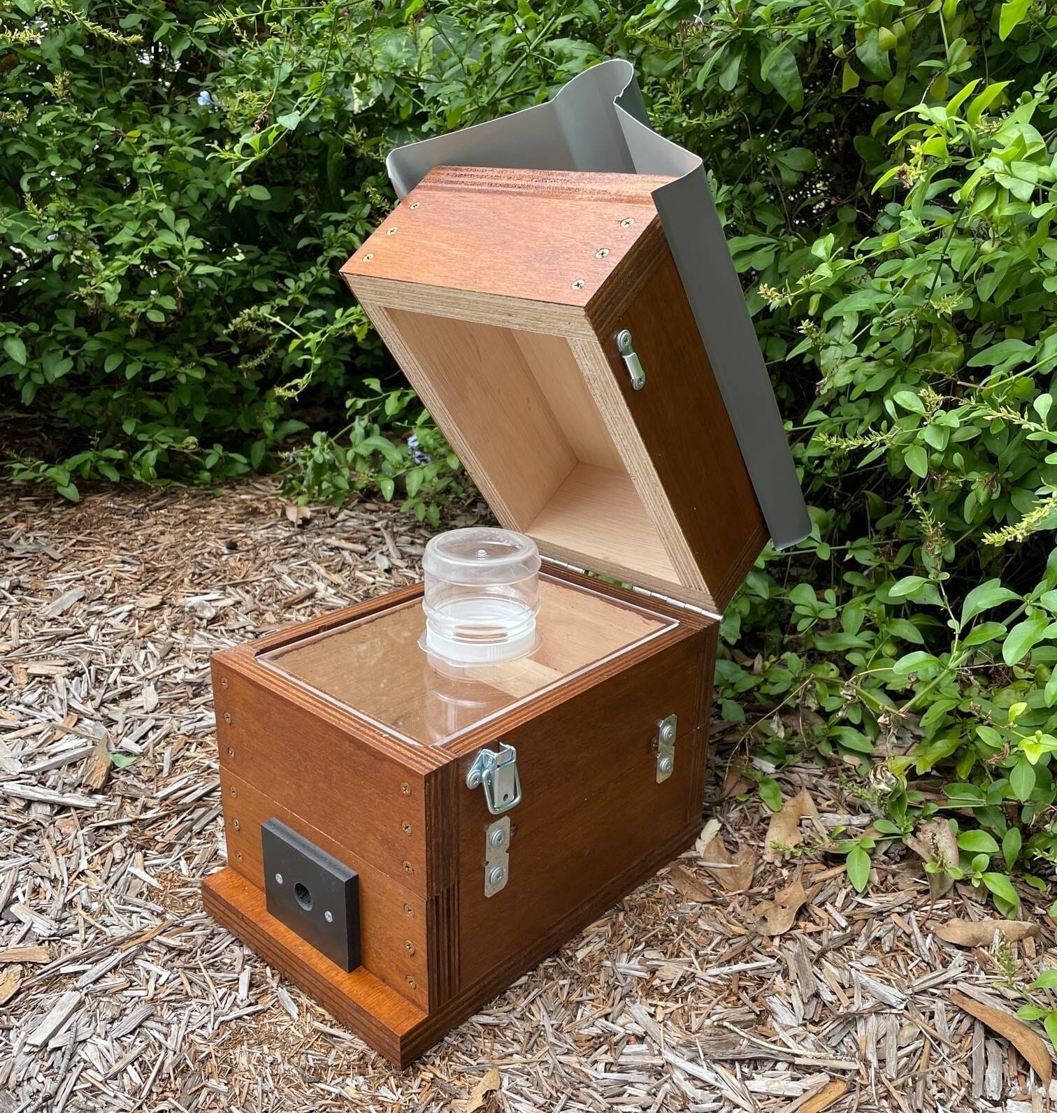 ABeeC Hives Stained OATH Beehve Stingless Native Beehive Perspex Honey Jar Hinged Lid Design with Roof Native Beehive ABeeC Hives 
