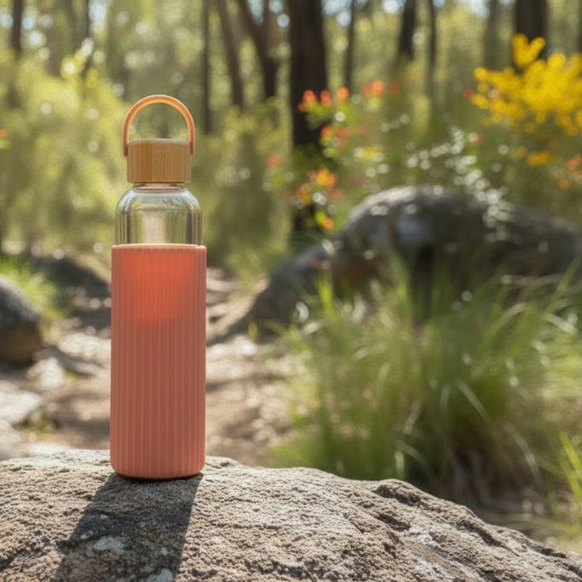 Bamboo & Glass Water Bottle with Silicone Sleeve (600ml) - Coral Water Bottle Coast to Coast 