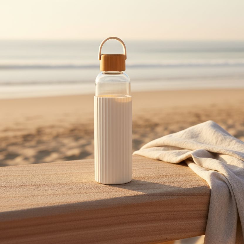 Bamboo & Glass Water Bottle with Silicone Sleeve (600ml) - Ivory Water Bottle Coast to Coast 