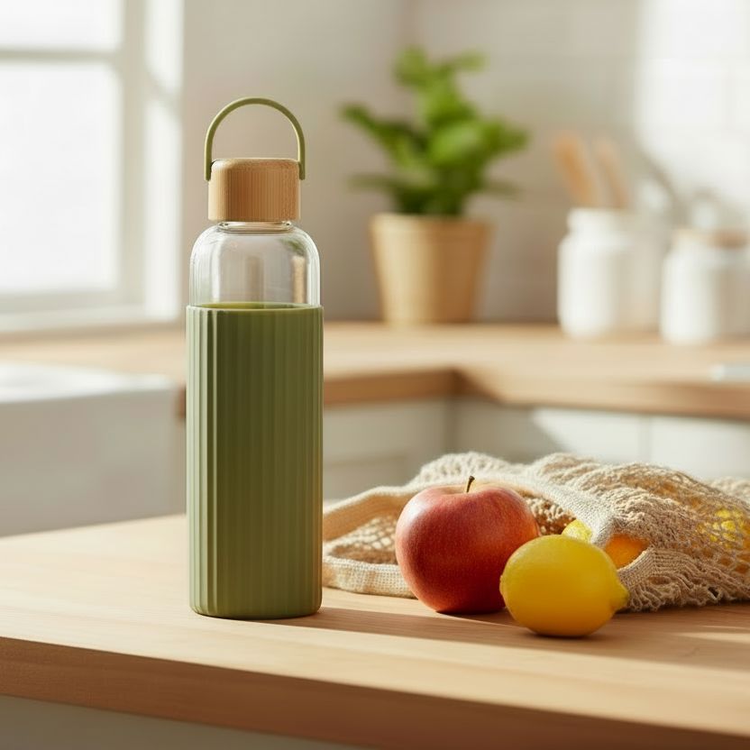 Bamboo & Glass Water Bottle with Silicone Sleeve (600ml) - Olive Water Bottle Coast to Coast 