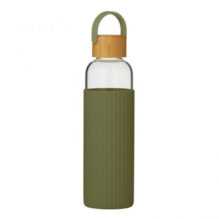 Bamboo & Glass Water Bottle with Silicone Sleeve (600ml) - Olive Water Bottle Coast to Coast 