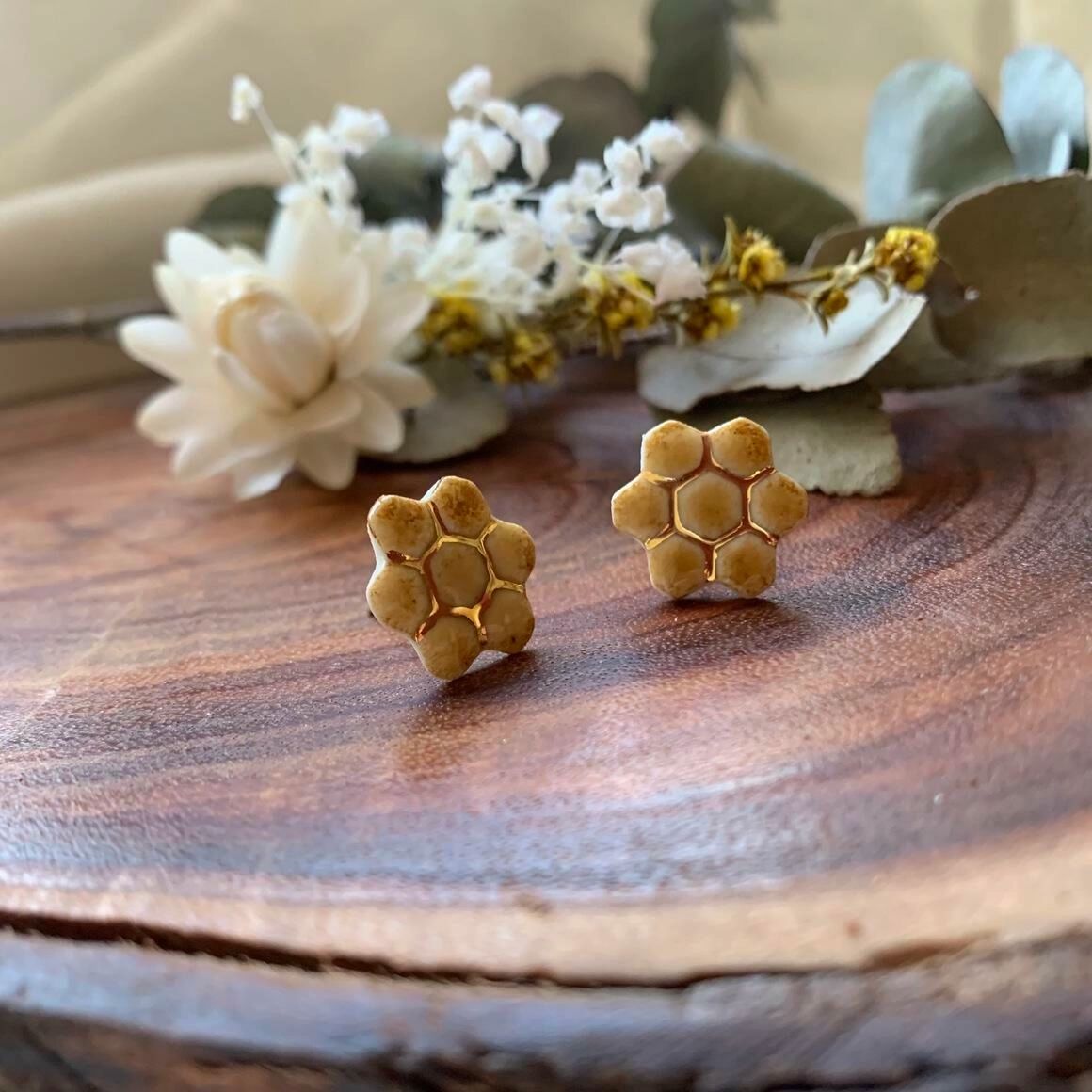 Honeycomb Gold Stud Porcelain Earrings Earrings Wolf & Clay 