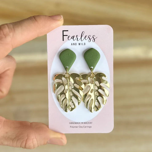 Monstera Gold Leaf Polymer Clay Earrings - Khaki Earrings Fearless & Wild 