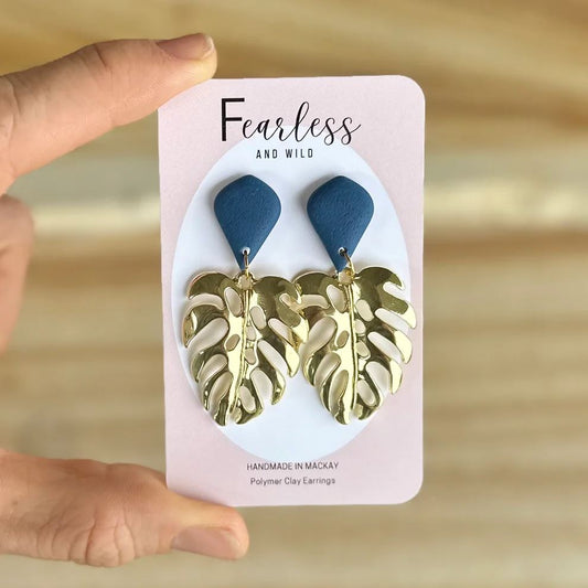 Monstera Gold Leaf Polymer Clay Earrings - Navy Blue Earrings Fearless & Wild 